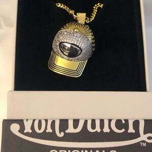 Von Dutch Gold Tone Iced Out Von Dutch Trucker Hat Necklace Crystal Accents NWT
